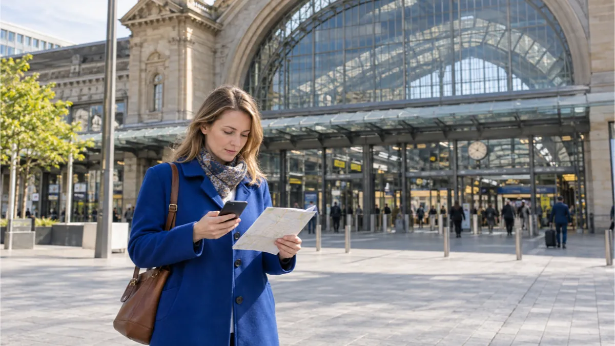 駅前で地図とスマートフォンを見て集合場所を確かめる成人女性