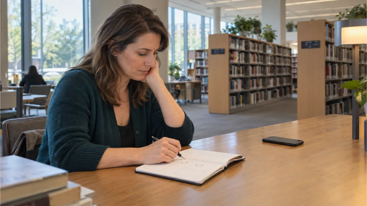 図書館で手帳の予定を確かめる成人女性と、伏せて置いたスマートフォン