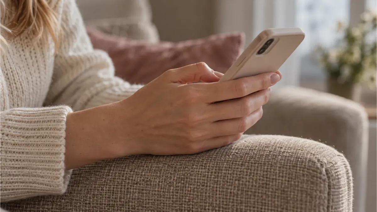 柔らかな影のあるソファで、スマートフォンを持ち手を止める成人女性の手元